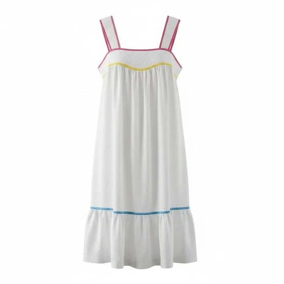 Vintage White Smocked House Dress Nightgown Pink Blue Trim Pockets USA Small - Picture 1 of 6